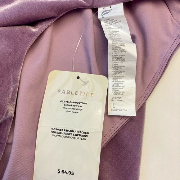 Fabletics Gigi Velour One Shoulder Bodysuit Bright‎ Lilac Size Large 10 NWT - Picture 5 of 9